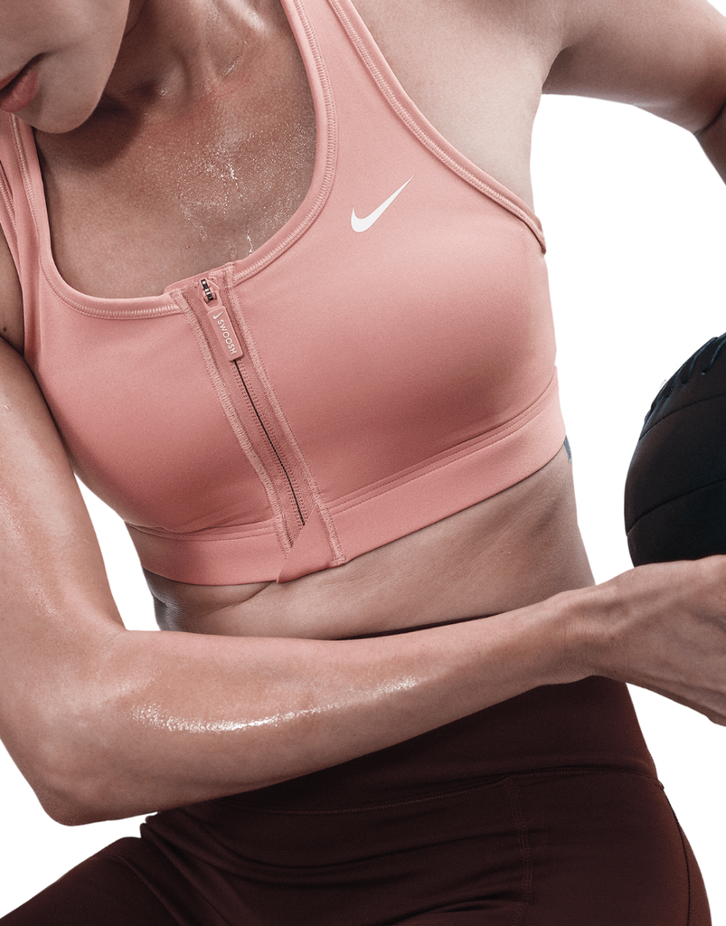 Women's Medium-Support Padded Swoosh Front Zip Sports Bra :Rust Pink | White