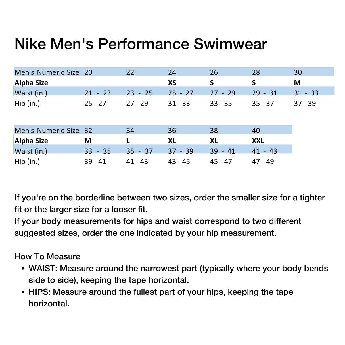 Nike swimsuit size chart online